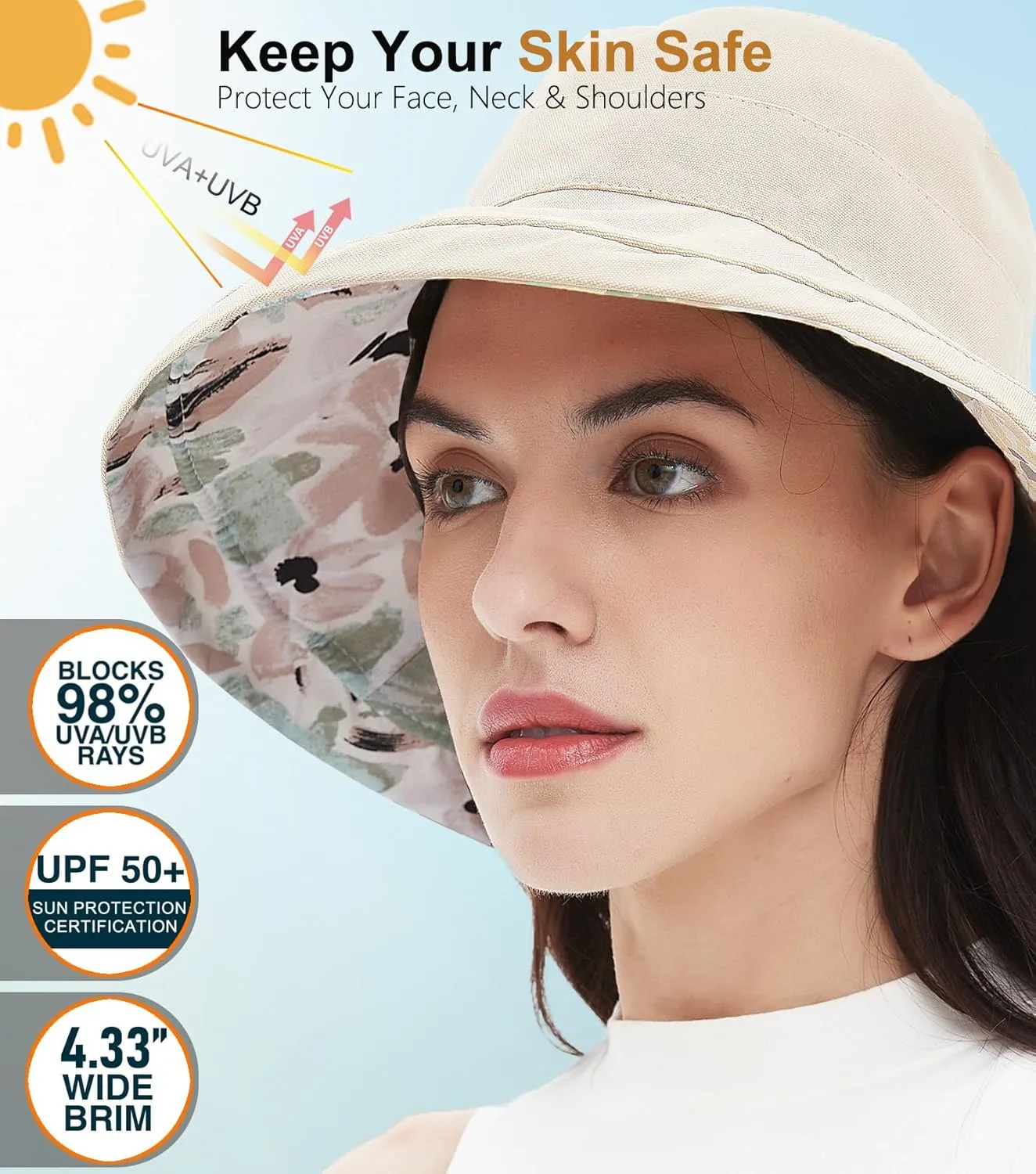 100% Cotton Women Sun Hats Wide Brim Gardening Bucket Hat Travel Sun Protection Packable Womens Beach Hat -Fold-UP Brim