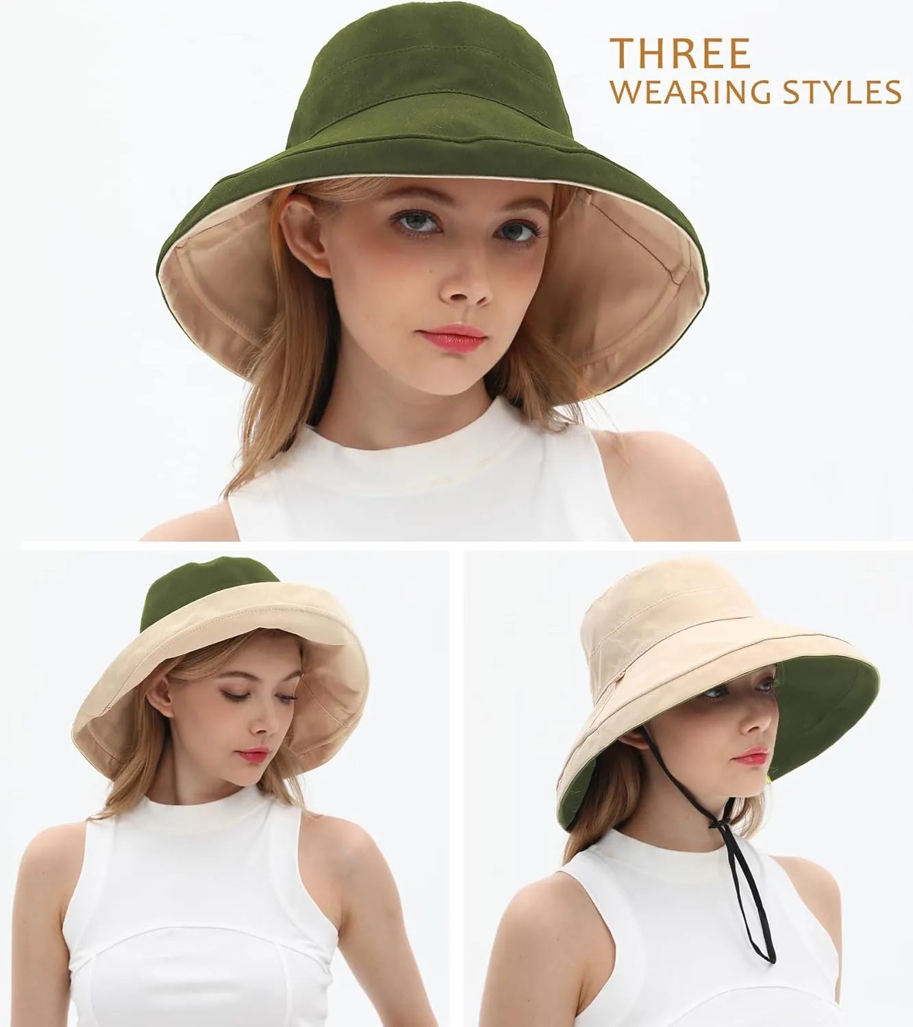 100% Cotton Women Sun Hats Wide Brim Gardening Bucket Hat Travel Sun Protection Packable Womens Beach Hat -Fold-UP Brim