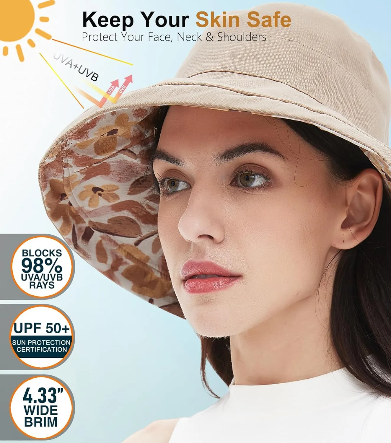 100% Cotton Women Sun Hats Wide Brim Gardening Bucket Hat Travel Sun Protection Packable Womens Beach Hat -Fold-UP Brim