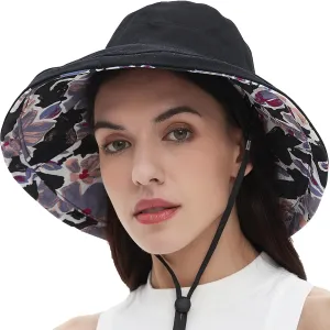100% Cotton Women Sun Hats Wide Brim Gardening Bucket Hat Travel Sun Protection Packable Womens Beach Hat -Fold-UP Brim