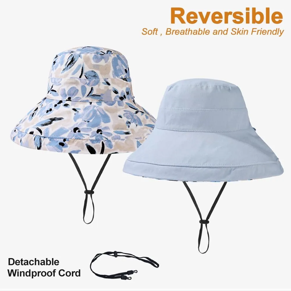 100% Cotton Women Sun Hats Wide Brim Gardening Bucket Hat Travel Sun Protection Packable Womens Beach Hat -Fold-UP Brim