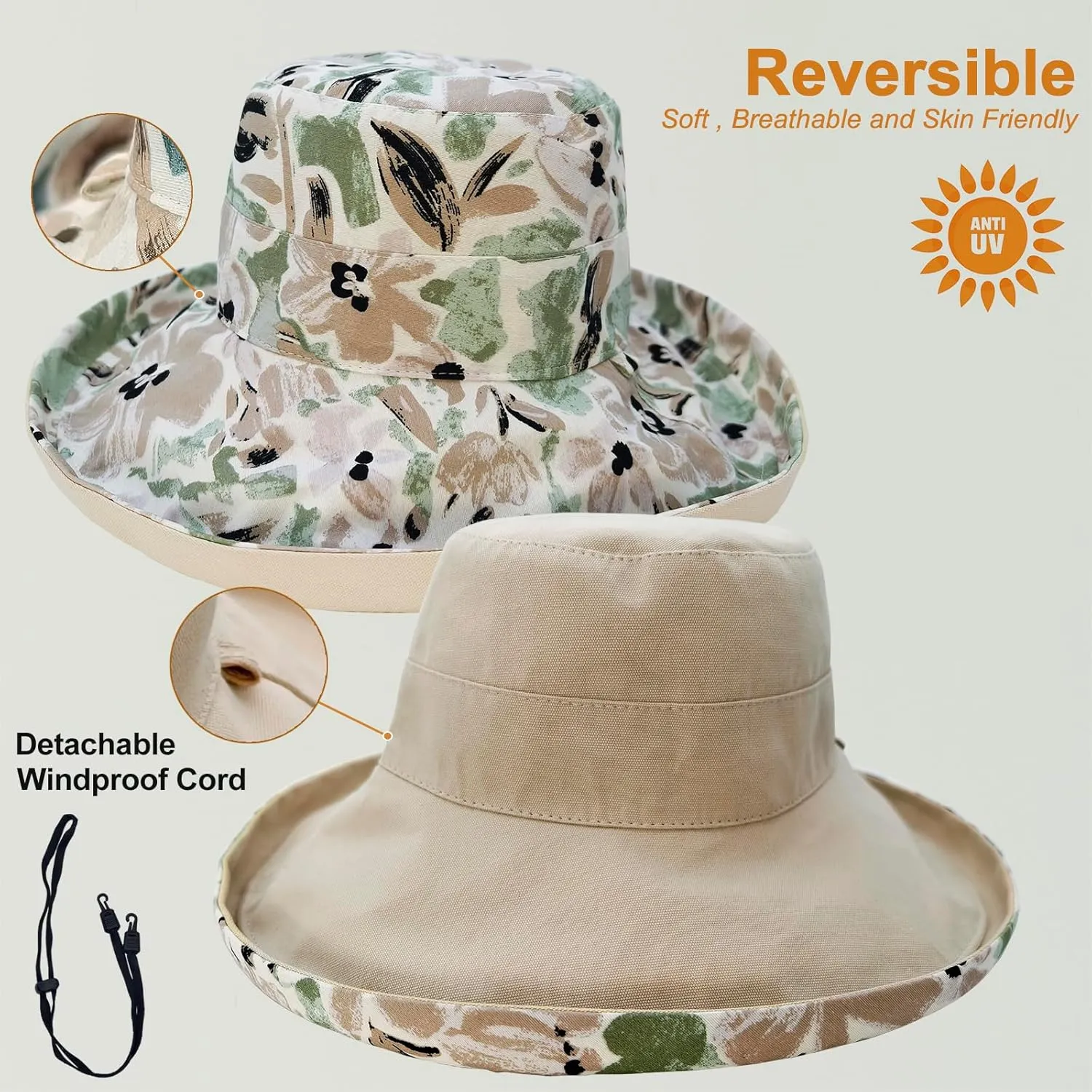 100% Cotton Women Sun Hats Wide Brim Gardening Bucket Hat Travel Sun Protection Packable Womens Beach Hat -Fold-UP Brim