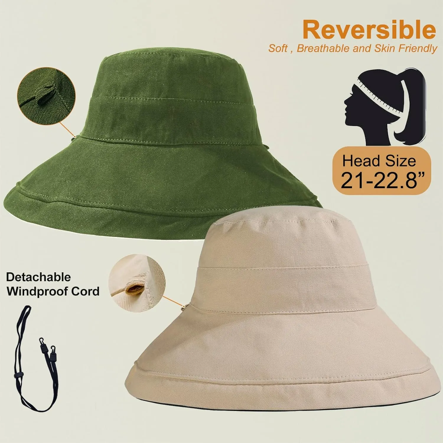 100% Cotton Women Sun Hats Wide Brim Gardening Bucket Hat Travel Sun Protection Packable Womens Beach Hat -Fold-UP Brim