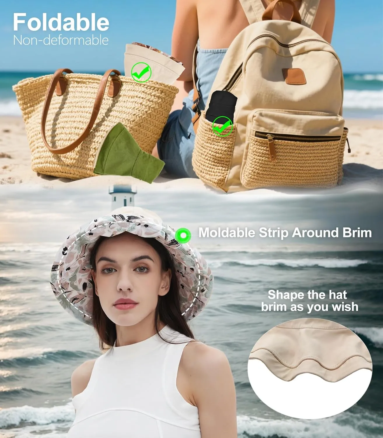 100% Cotton Women Sun Hats Wide Brim Gardening Bucket Hat Travel Sun Protection Packable Womens Beach Hat -Fold-UP Brim