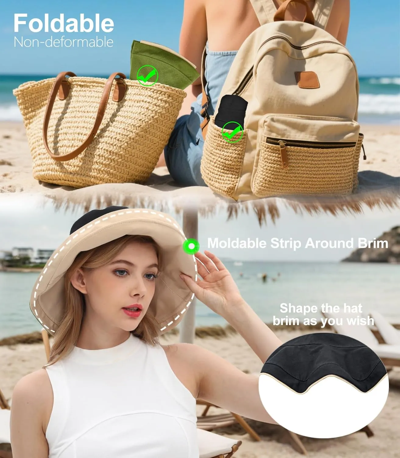 100% Cotton Women Sun Hats Wide Brim Gardening Bucket Hat Travel Sun Protection Packable Womens Beach Hat -Fold-UP Brim