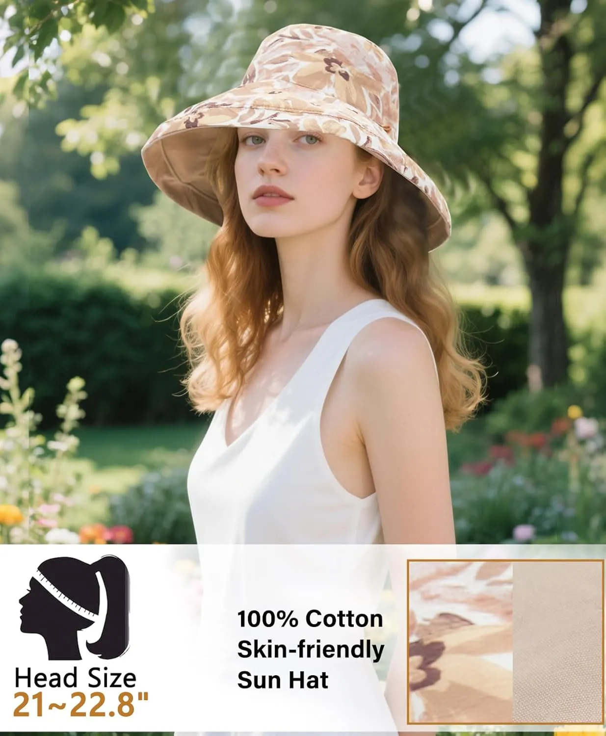 100% Cotton Women Sun Hats Wide Brim Gardening Bucket Hat Travel Sun Protection Packable Womens Beach Hat -Fold-UP Brim