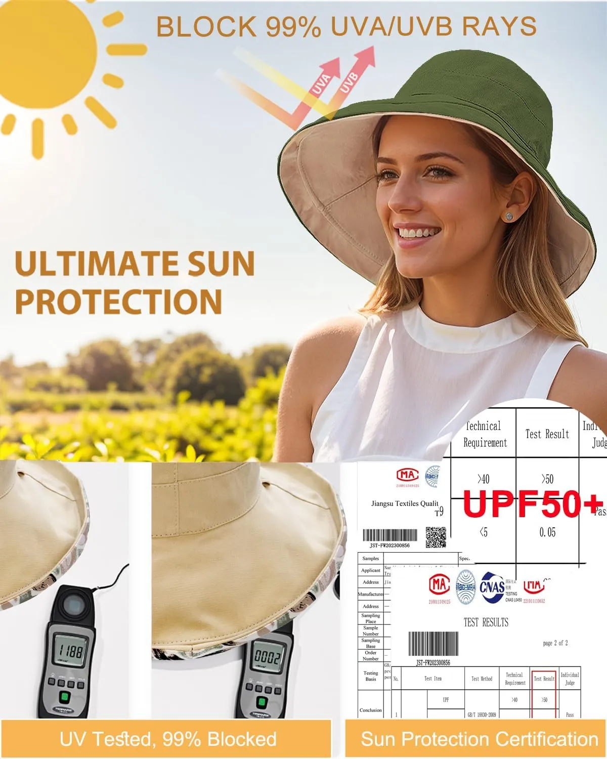 100% Cotton Women Sun Hats Wide Brim Gardening Bucket Hat Travel Sun Protection Packable Womens Beach Hat -Fold-UP Brim