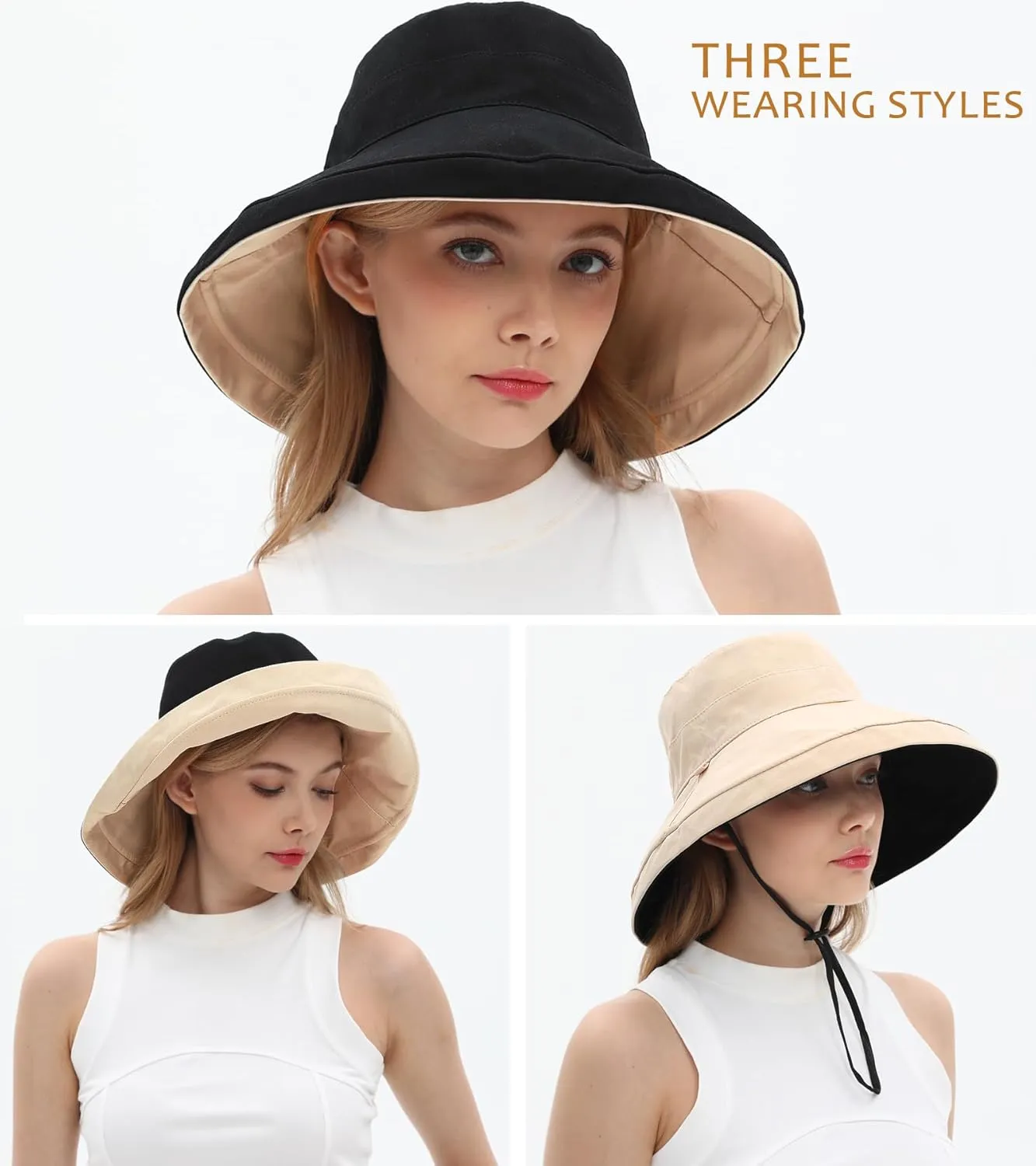100% Cotton Women Sun Hats Wide Brim Gardening Bucket Hat Travel Sun Protection Packable Womens Beach Hat -Fold-UP Brim