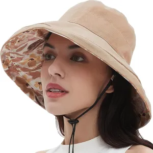 100% Cotton Women Sun Hats Wide Brim Gardening Bucket Hat Travel Sun Protection Packable Womens Beach Hat -Fold-UP Brim
