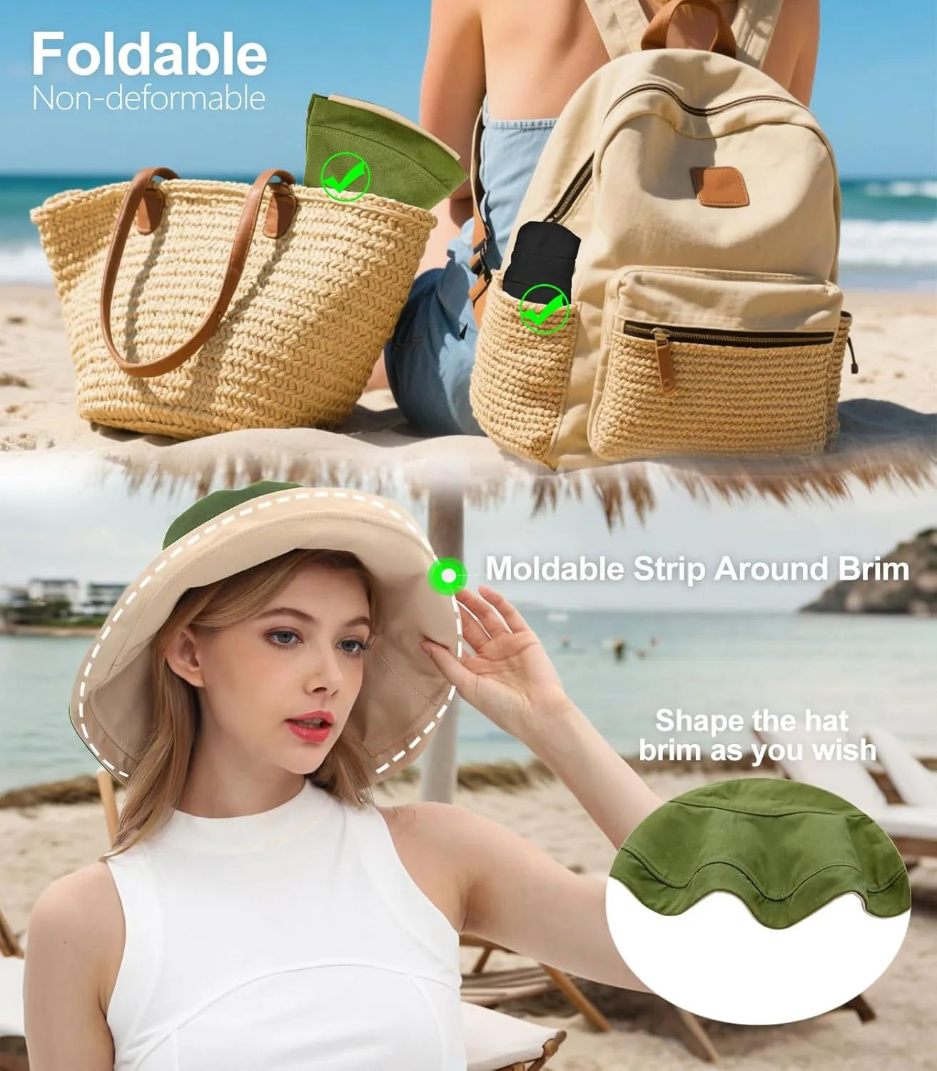 100% Cotton Women Sun Hats Wide Brim Gardening Bucket Hat Travel Sun Protection Packable Womens Beach Hat -Fold-UP Brim