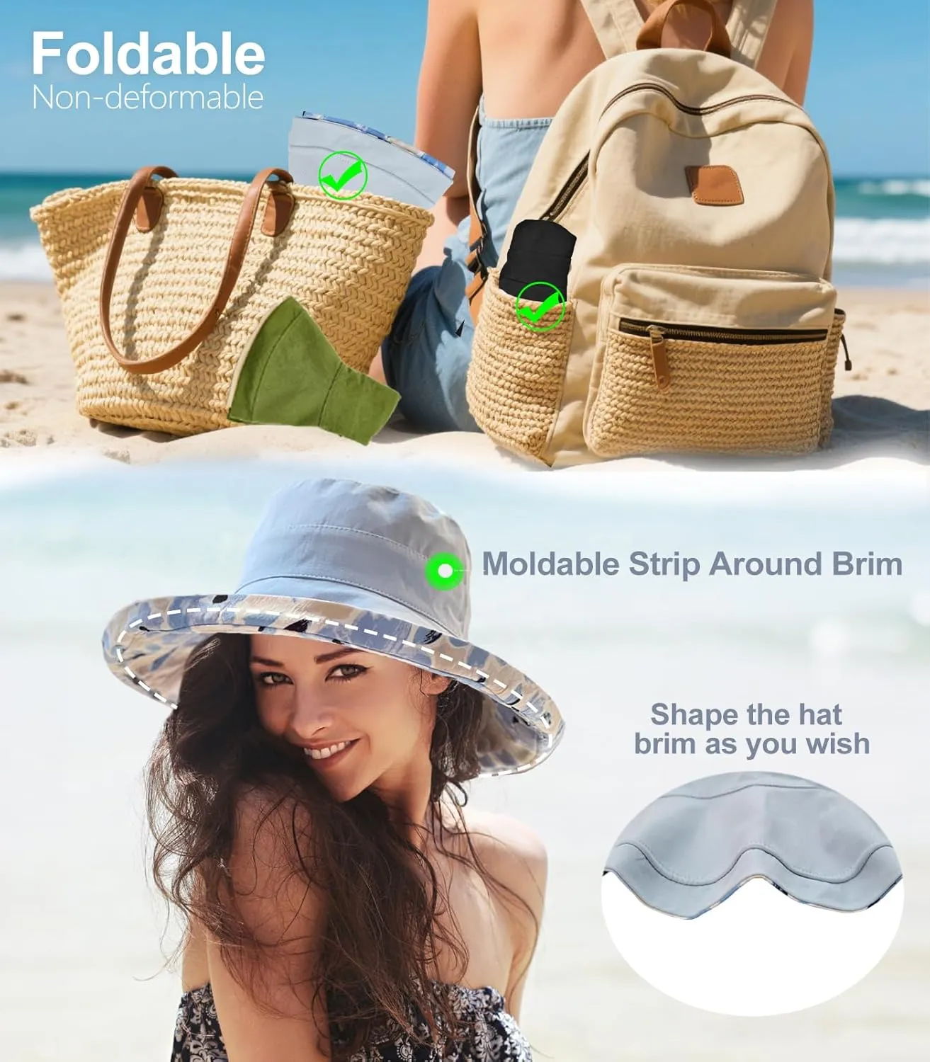 100% Cotton Women Sun Hats Wide Brim Gardening Bucket Hat Travel Sun Protection Packable Womens Beach Hat -Fold-UP Brim