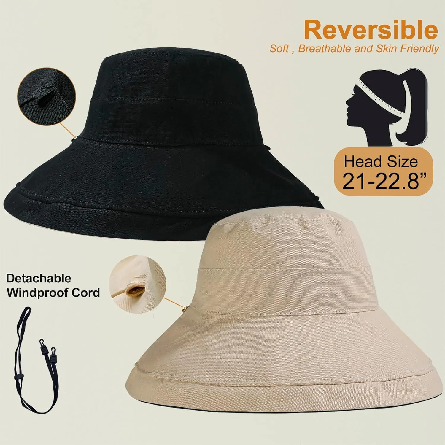100% Cotton Women Sun Hats Wide Brim Gardening Bucket Hat Travel Sun Protection Packable Womens Beach Hat -Fold-UP Brim