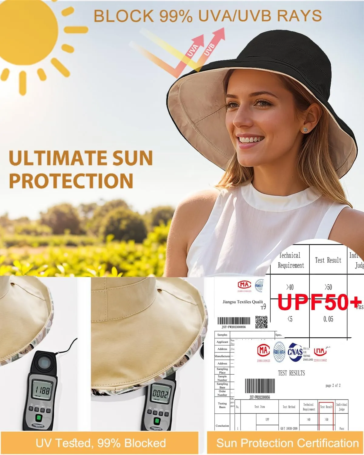 100% Cotton Women Sun Hats Wide Brim Gardening Bucket Hat Travel Sun Protection Packable Womens Beach Hat -Fold-UP Brim