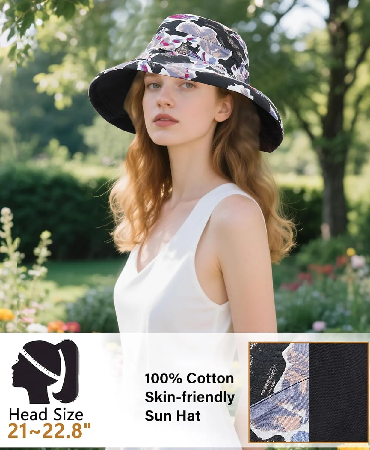 100% Cotton Women Sun Hats Wide Brim Gardening Bucket Hat Travel Sun Protection Packable Womens Beach Hat -Fold-UP Brim