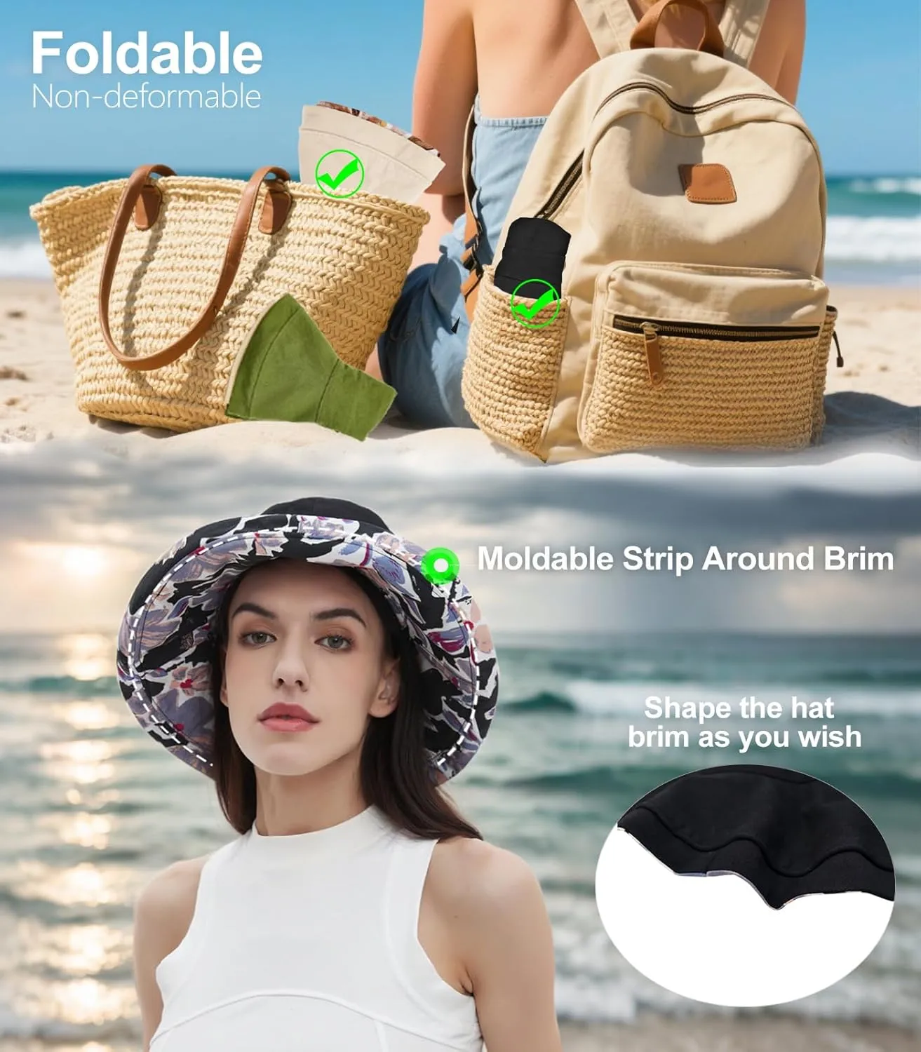 100% Cotton Women Sun Hats Wide Brim Gardening Bucket Hat Travel Sun Protection Packable Womens Beach Hat -Fold-UP Brim