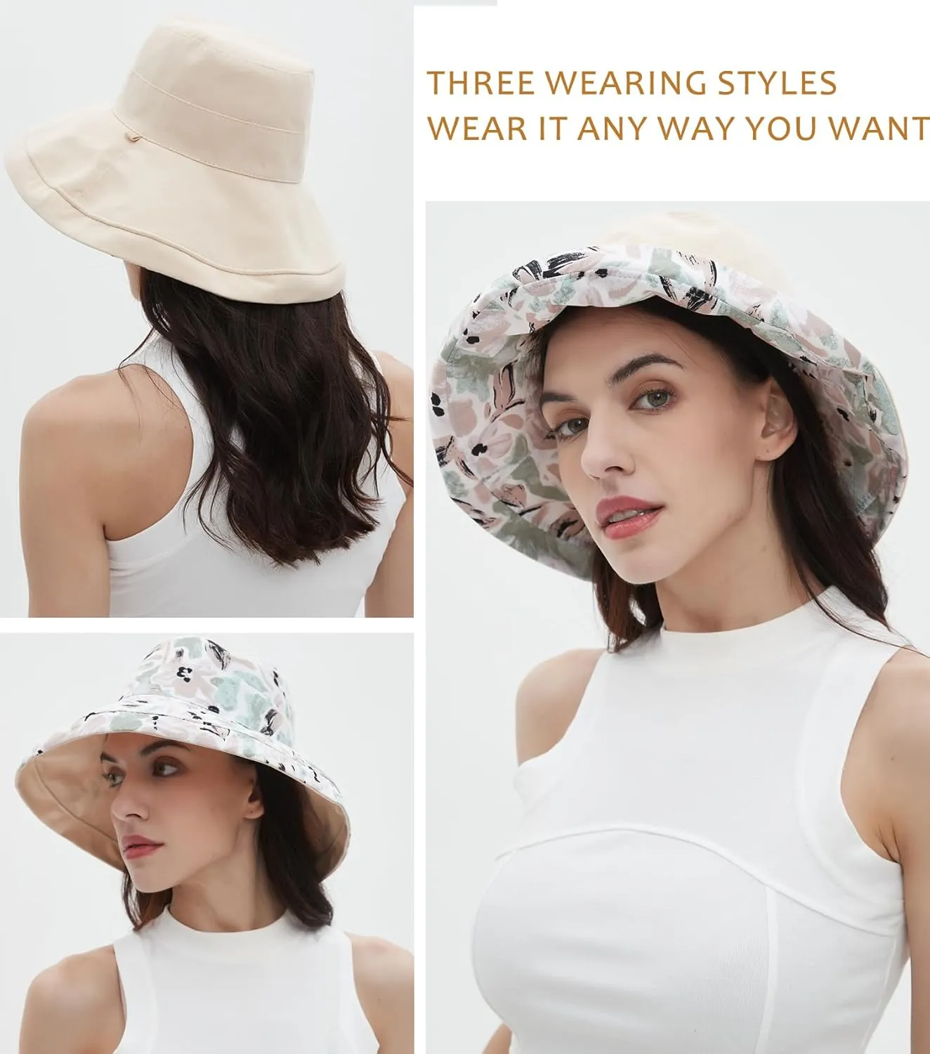 100% Cotton Women Sun Hats Wide Brim Gardening Bucket Hat Travel Sun Protection Packable Womens Beach Hat -Fold-UP Brim