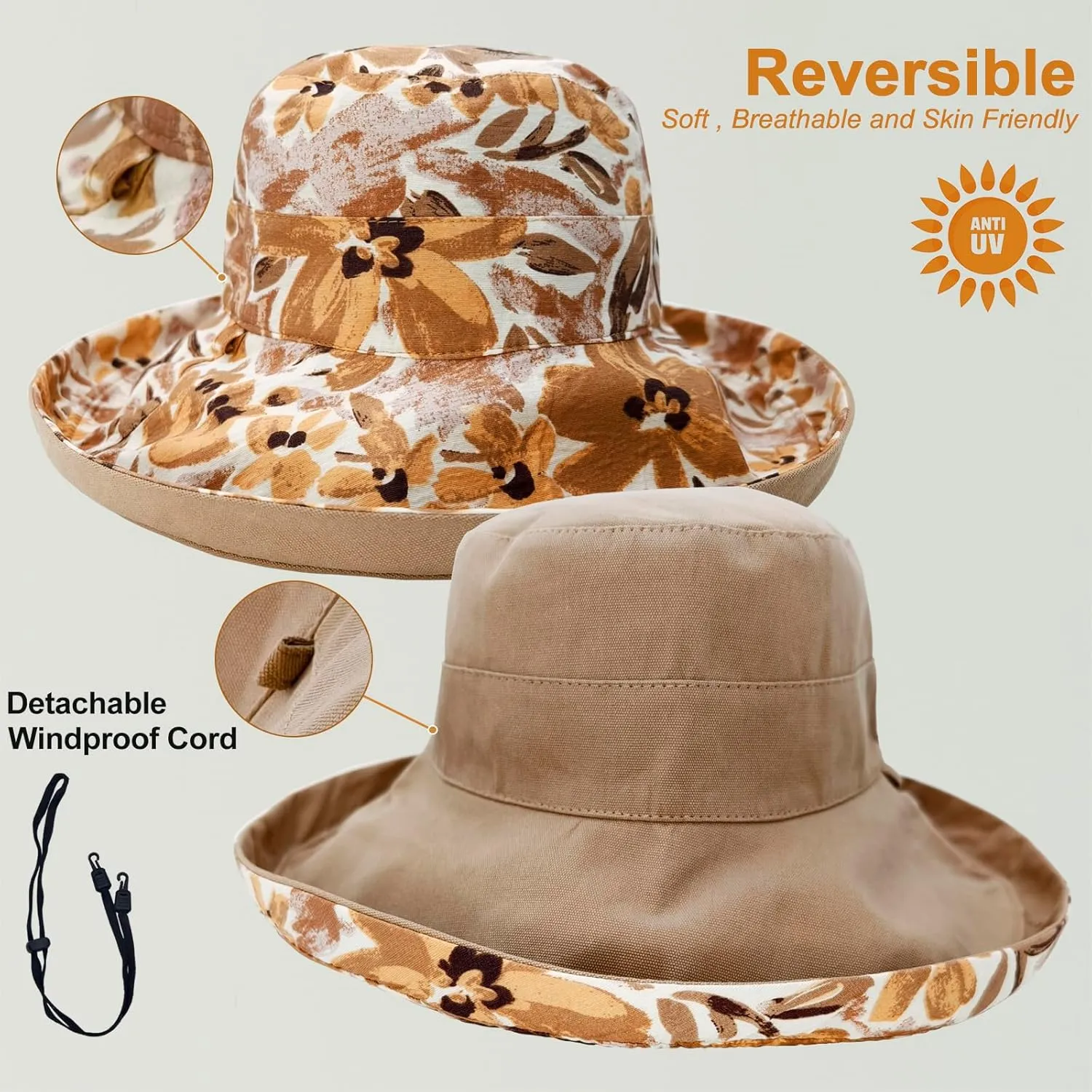 100% Cotton Women Sun Hats Wide Brim Gardening Bucket Hat Travel Sun Protection Packable Womens Beach Hat -Fold-UP Brim