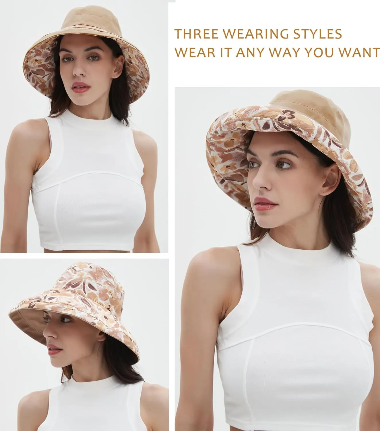100% Cotton Women Sun Hats Wide Brim Gardening Bucket Hat Travel Sun Protection Packable Womens Beach Hat -Fold-UP Brim