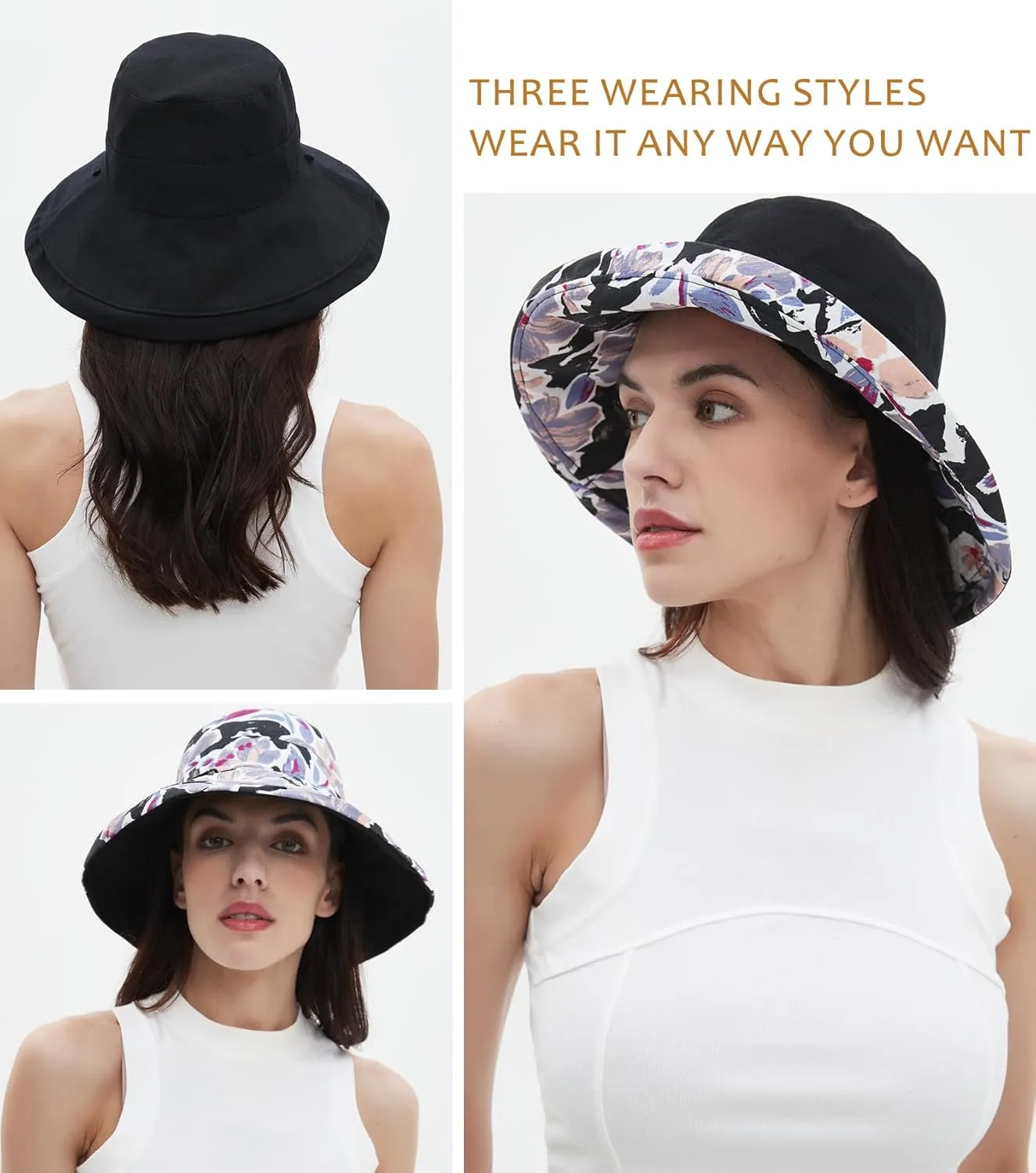 100% Cotton Women Sun Hats Wide Brim Gardening Bucket Hat Travel Sun Protection Packable Womens Beach Hat -Fold-UP Brim