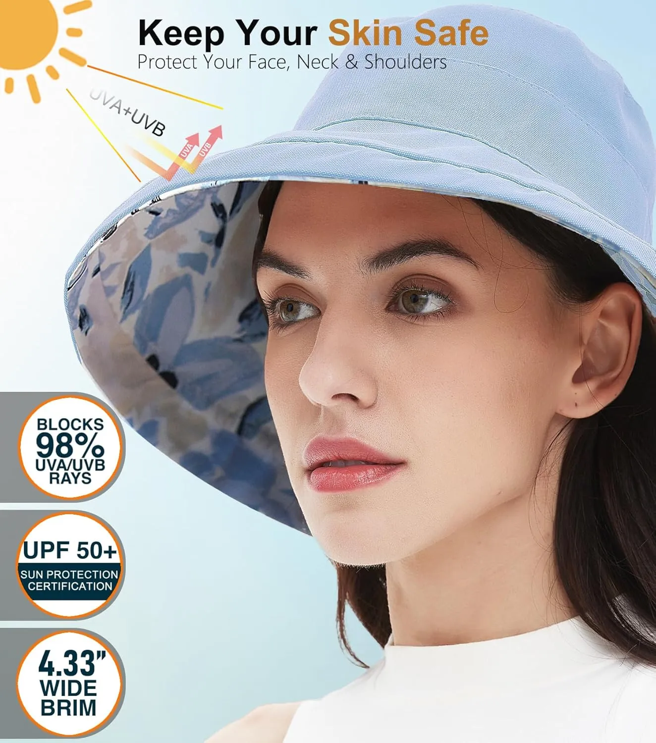 100% Cotton Women Sun Hats Wide Brim Gardening Bucket Hat Travel Sun Protection Packable Womens Beach Hat -Fold-UP Brim