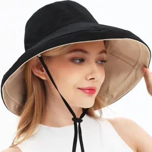100% Cotton Women Sun Hats Wide Brim Gardening Bucket Hat Travel Sun Protection Packable Womens Beach Hat -Fold-UP Brim