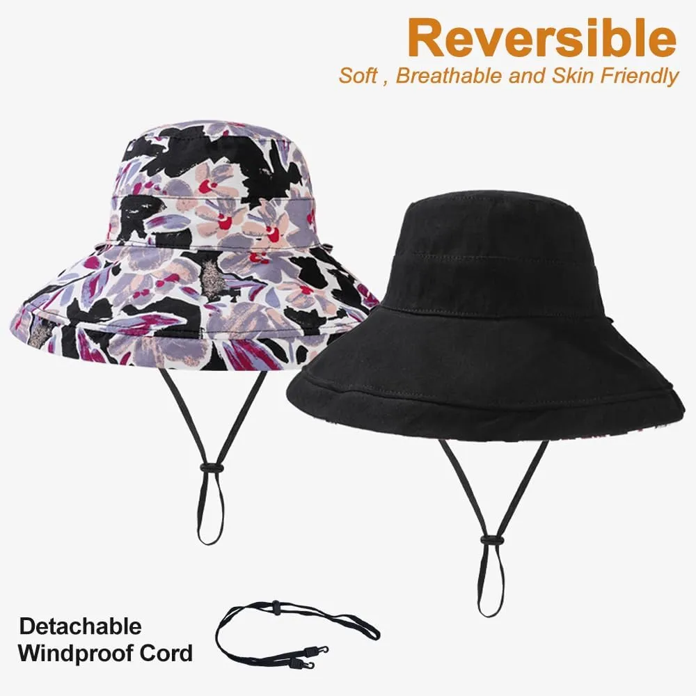 100% Cotton Women Sun Hats Wide Brim Gardening Bucket Hat Travel Sun Protection Packable Womens Beach Hat -Fold-UP Brim