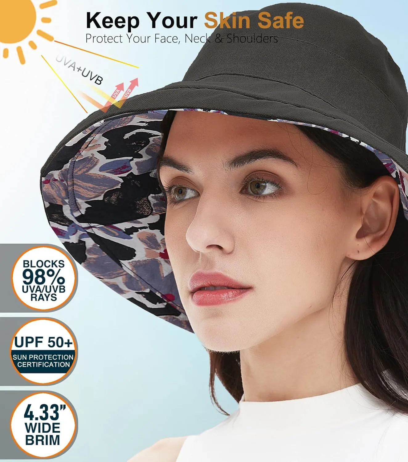 100% Cotton Women Sun Hats Wide Brim Gardening Bucket Hat Travel Sun Protection Packable Womens Beach Hat -Fold-UP Brim