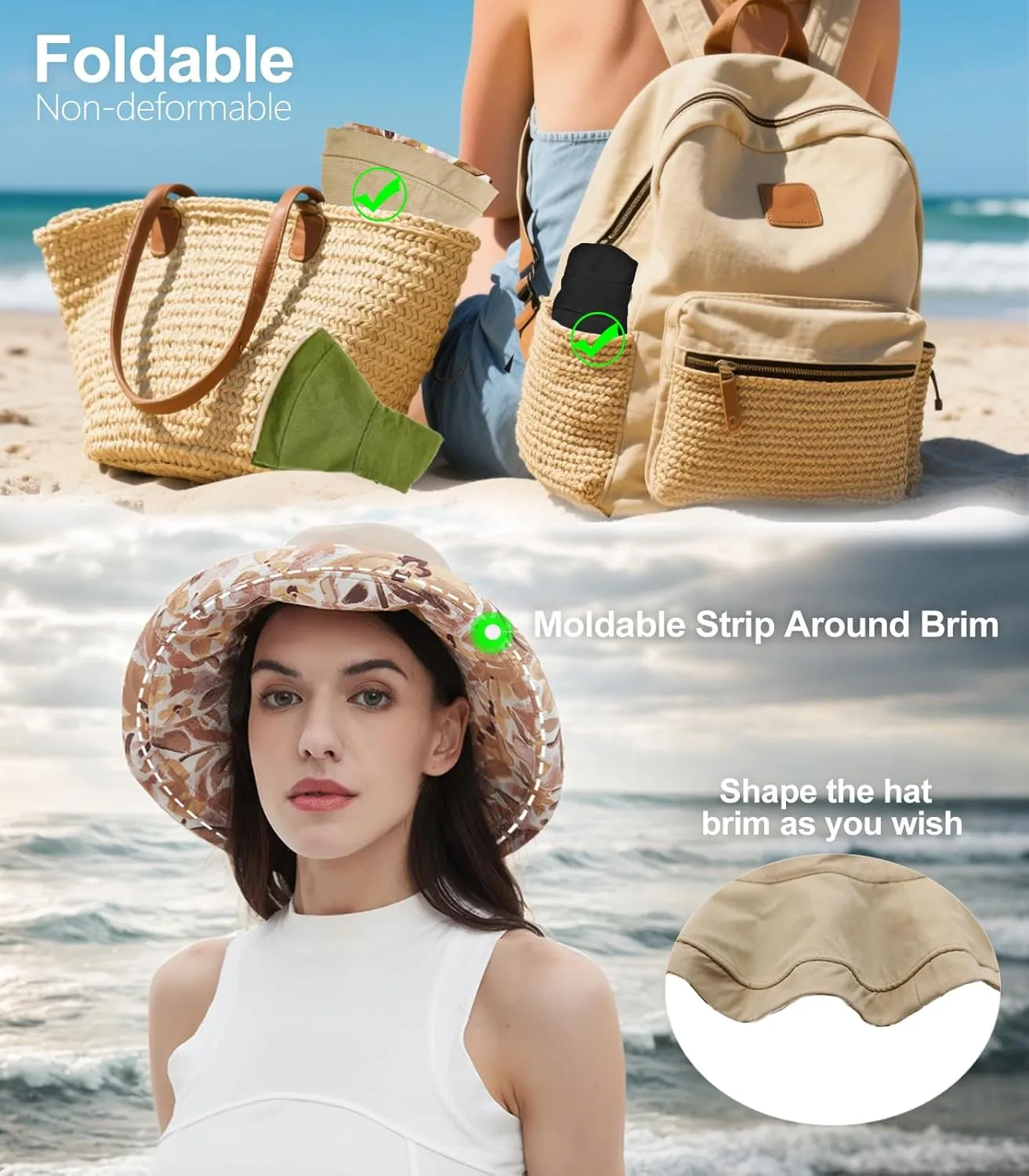 100% Cotton Women Sun Hats Wide Brim Gardening Bucket Hat Travel Sun Protection Packable Womens Beach Hat -Fold-UP Brim