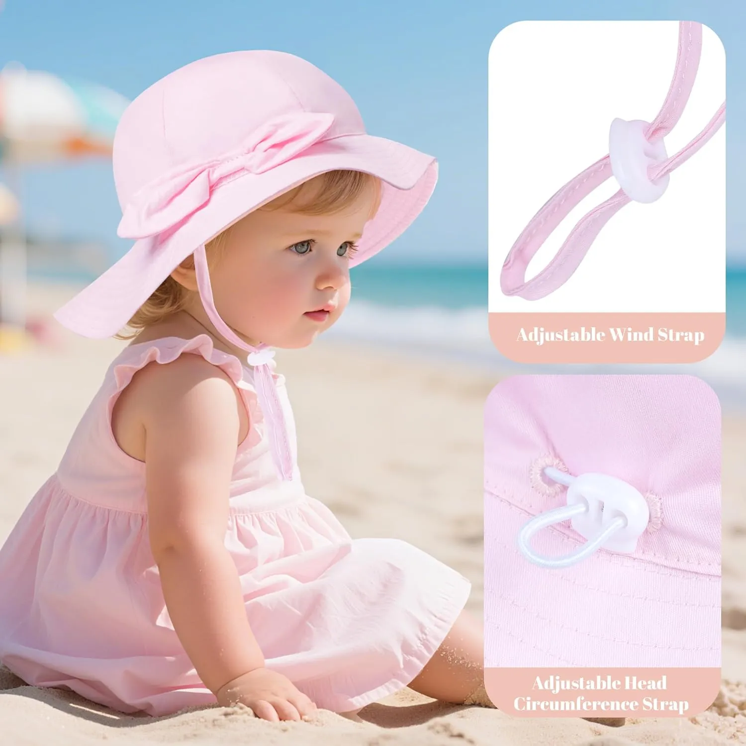2 Pack Baby Sun Hat Toddler UPF 50  Sun Protection Wide Brim Cap Kids Girls Summer Beach Hat for Swim Traveling