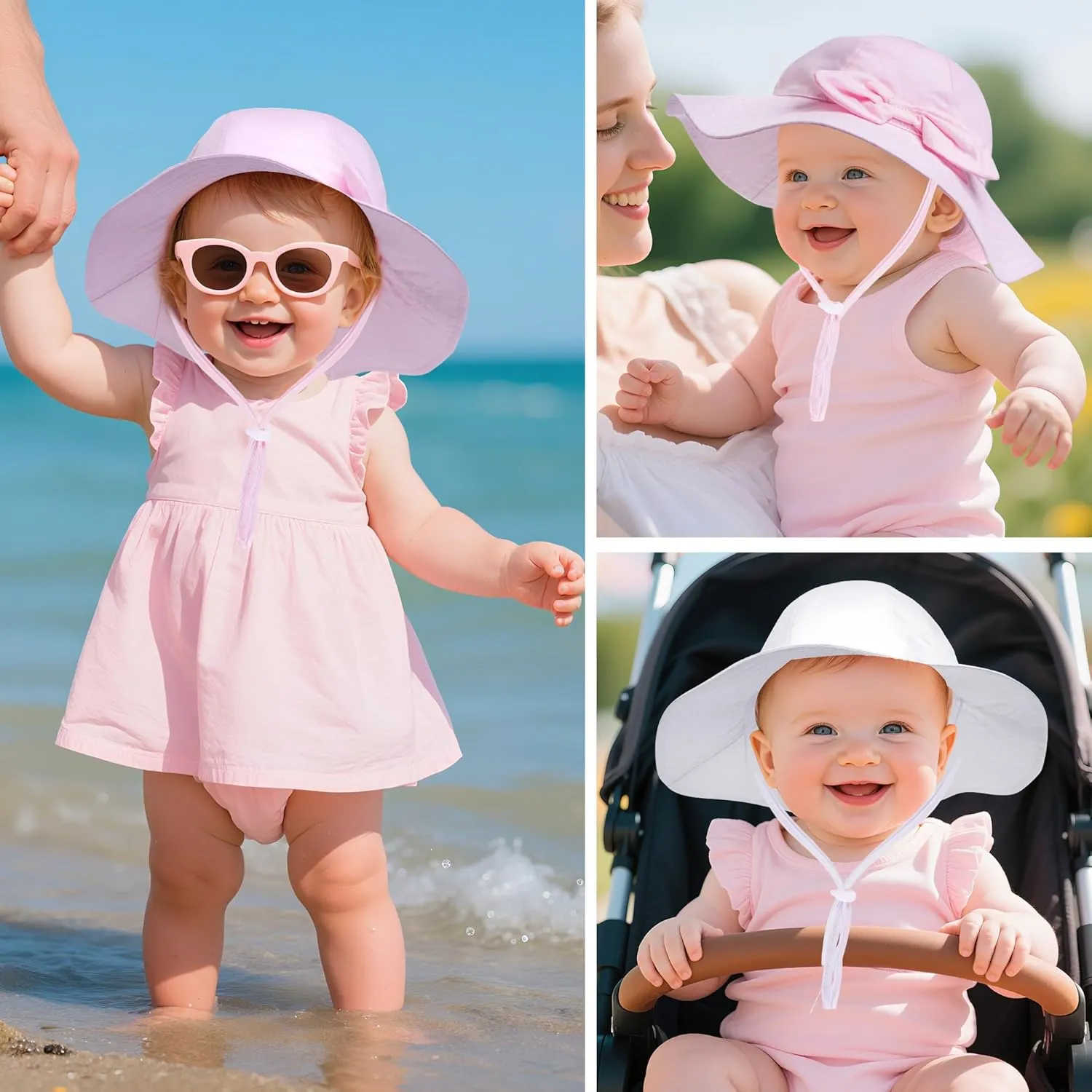 2 Pack Baby Sun Hat Toddler UPF 50  Sun Protection Wide Brim Cap Kids Girls Summer Beach Hat for Swim Traveling