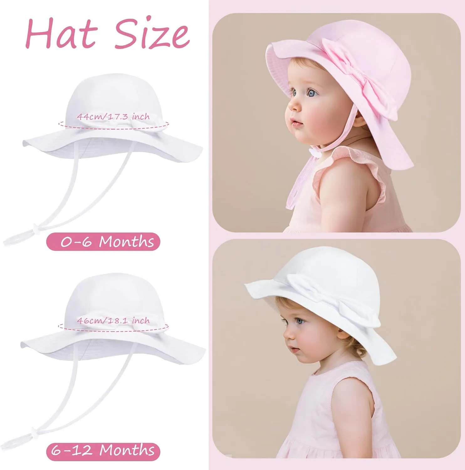 2 Pack Baby Sun Hat Toddler UPF 50  Sun Protection Wide Brim Cap Kids Girls Summer Beach Hat for Swim Traveling