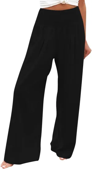 2025 Women's Linen Blend Palazzo Pants Summer Wide Leg High Waist Trousers Casual Business Lounge Pant with Pockets