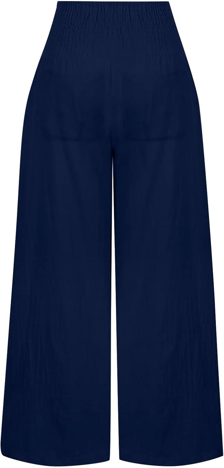 2025 Women's Linen Blend Palazzo Pants Summer Wide Leg High Waist Trousers Casual Business Lounge Pant with Pockets
