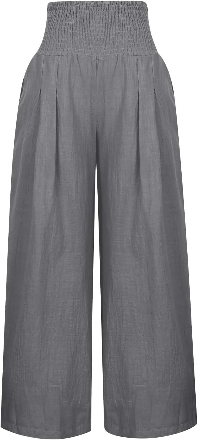 2025 Women's Linen Blend Palazzo Pants Summer Wide Leg High Waist Trousers Casual Business Lounge Pant with Pockets