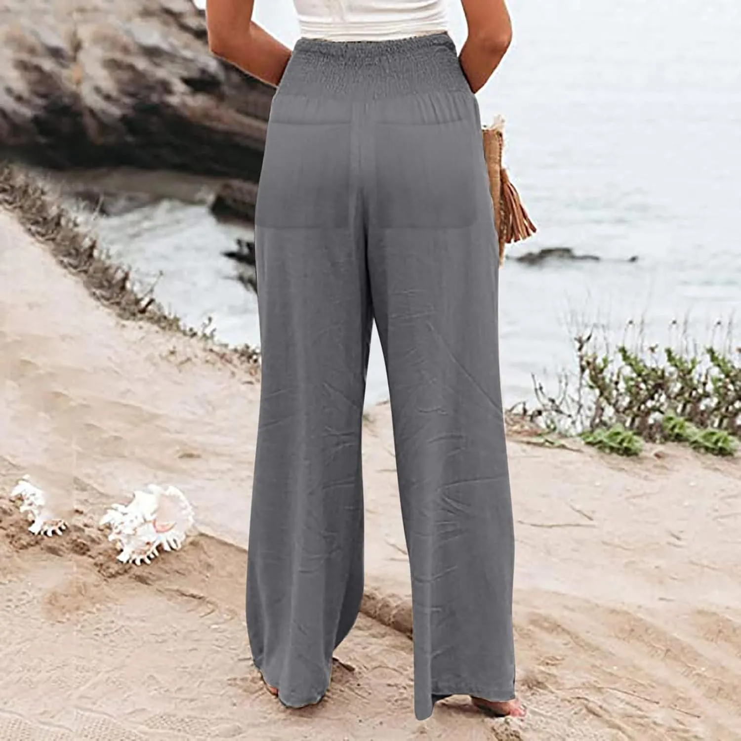 2025 Women's Linen Blend Palazzo Pants Summer Wide Leg High Waist Trousers Casual Business Lounge Pant with Pockets