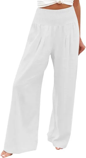 2025 Women's Linen Blend Palazzo Pants Summer Wide Leg High Waist Trousers Casual Business Lounge Pant with Pockets