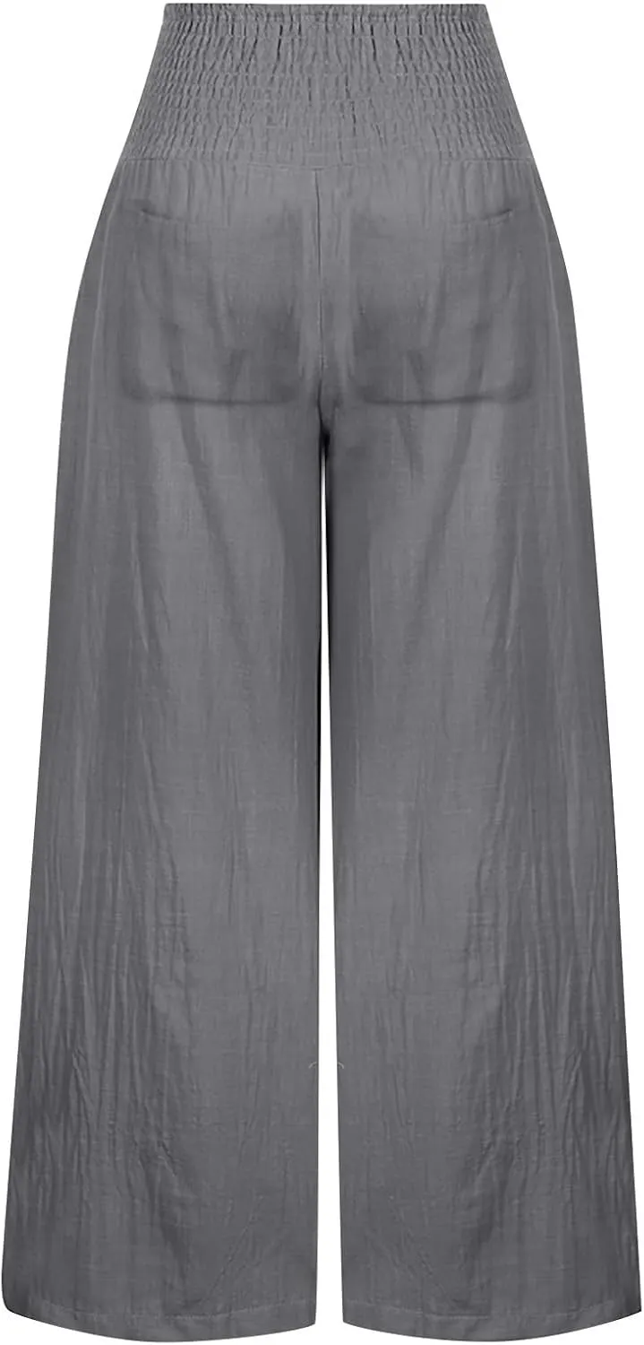 2025 Women's Linen Blend Palazzo Pants Summer Wide Leg High Waist Trousers Casual Business Lounge Pant with Pockets