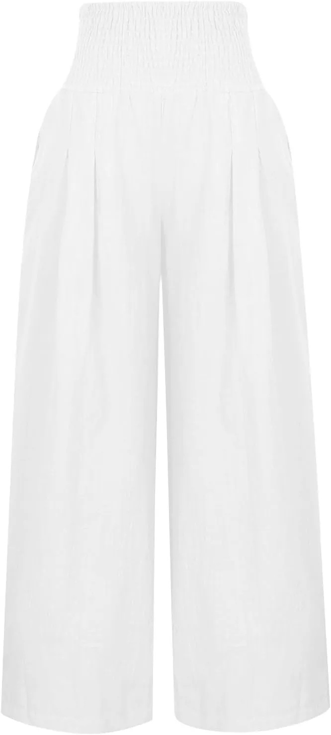 2025 Women's Linen Blend Palazzo Pants Summer Wide Leg High Waist Trousers Casual Business Lounge Pant with Pockets