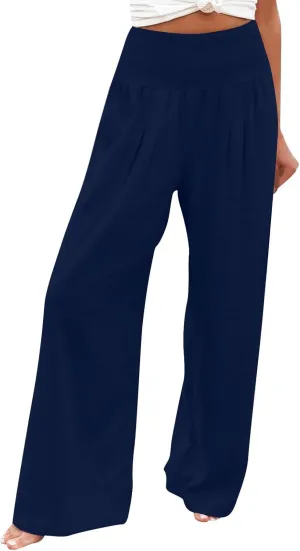 2025 Women's Linen Blend Palazzo Pants Summer Wide Leg High Waist Trousers Casual Business Lounge Pant with Pockets