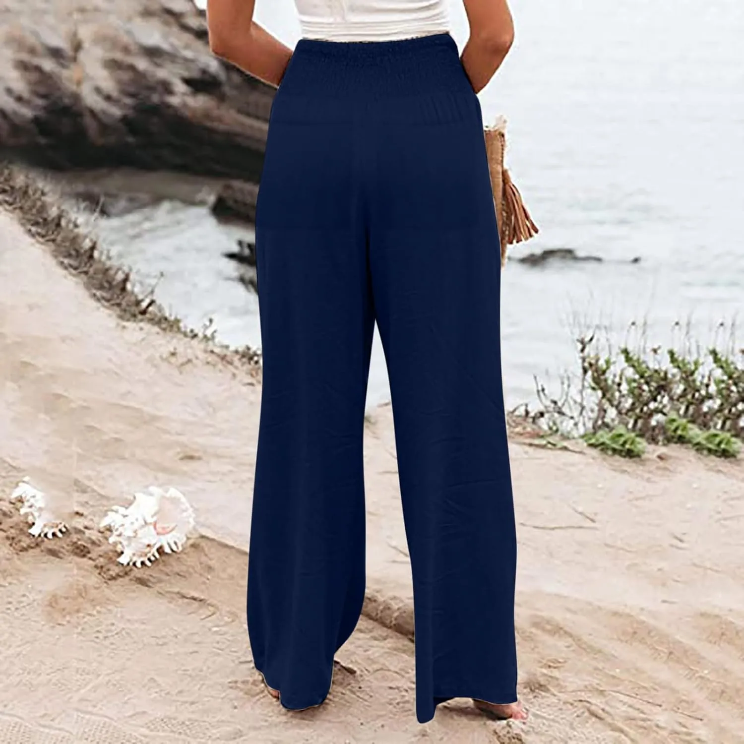 2025 Women's Linen Blend Palazzo Pants Summer Wide Leg High Waist Trousers Casual Business Lounge Pant with Pockets