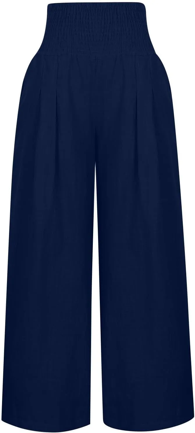 2025 Women's Linen Blend Palazzo Pants Summer Wide Leg High Waist Trousers Casual Business Lounge Pant with Pockets