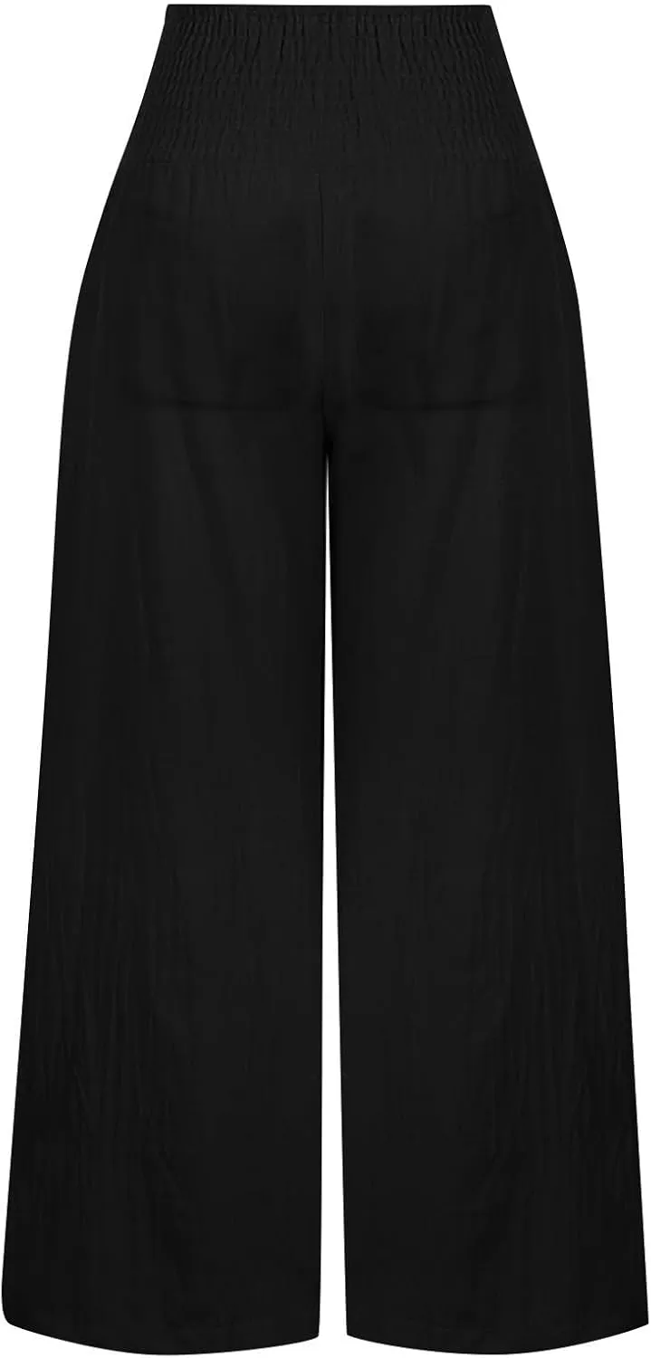 2025 Women's Linen Blend Palazzo Pants Summer Wide Leg High Waist Trousers Casual Business Lounge Pant with Pockets