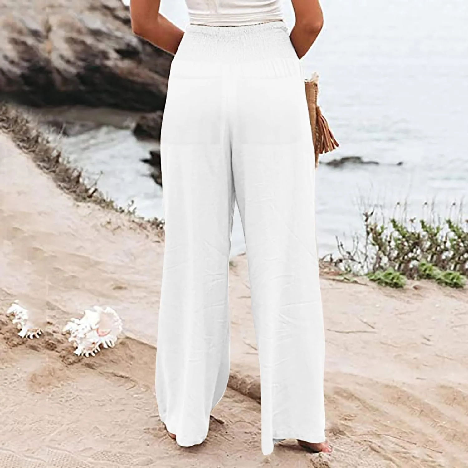2025 Women's Linen Blend Palazzo Pants Summer Wide Leg High Waist Trousers Casual Business Lounge Pant with Pockets