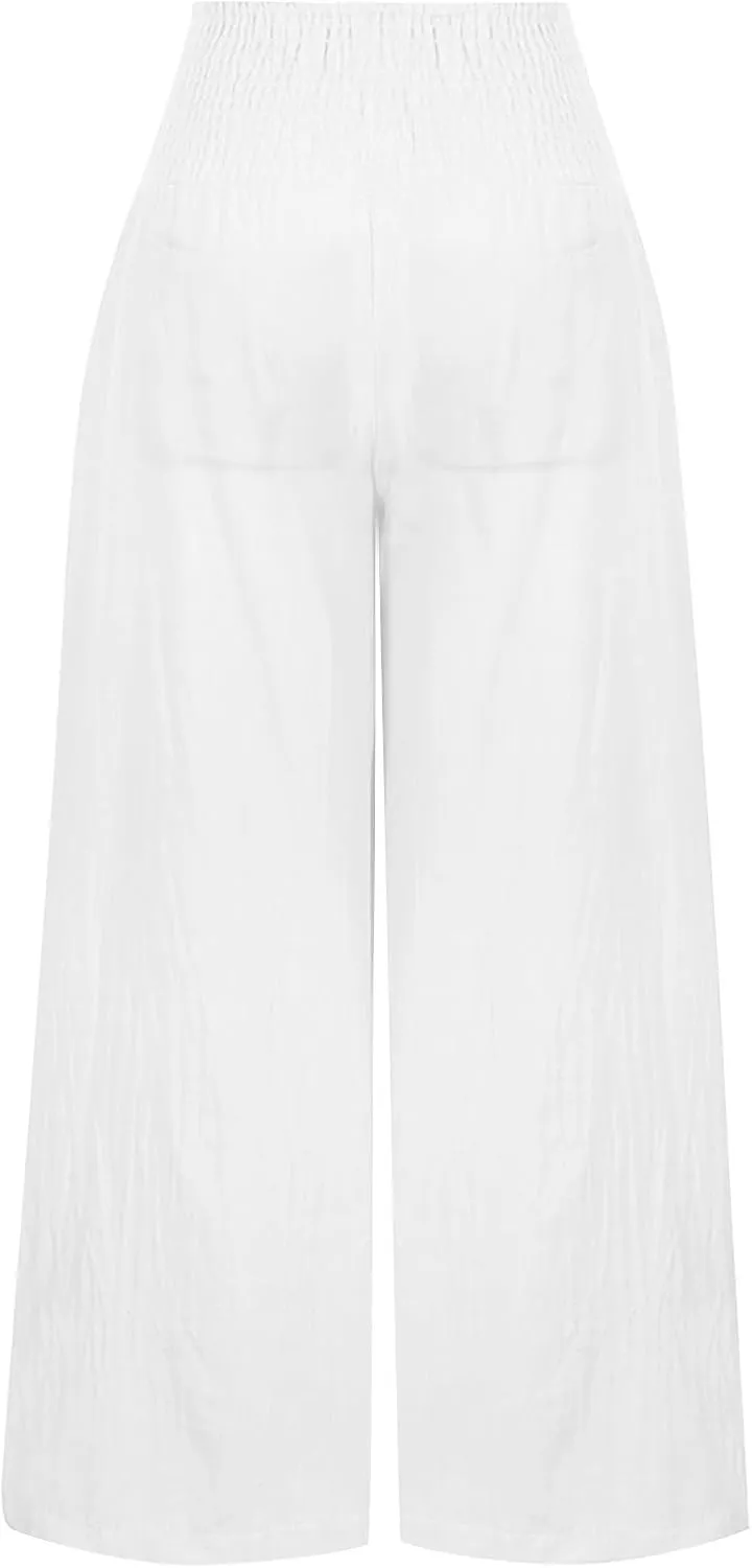2025 Women's Linen Blend Palazzo Pants Summer Wide Leg High Waist Trousers Casual Business Lounge Pant with Pockets
