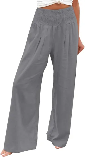 2025 Women's Linen Blend Palazzo Pants Summer Wide Leg High Waist Trousers Casual Business Lounge Pant with Pockets