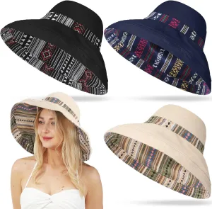 3 Pcs Wide Brim Sun Hats for Women UV Protection Reversible Summer Hats Cotton Packable Oversized Beach Hat Fishing Cap Travel Cap for Hiking Garden Travel Multicolor