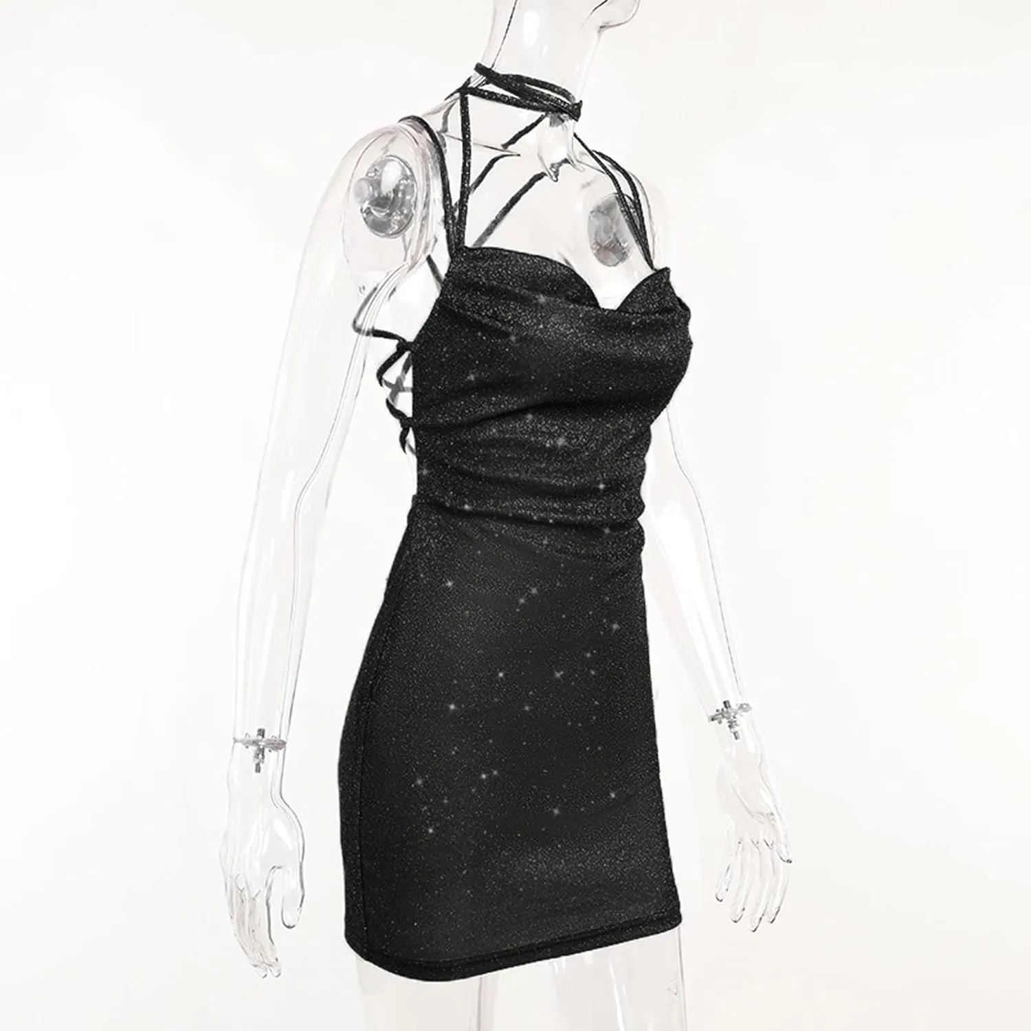 A Line Dresses for Women Party Mini Dress Sexy Glitter Hollow Out Neck Sparkle Spaghetti Strap Short Dress