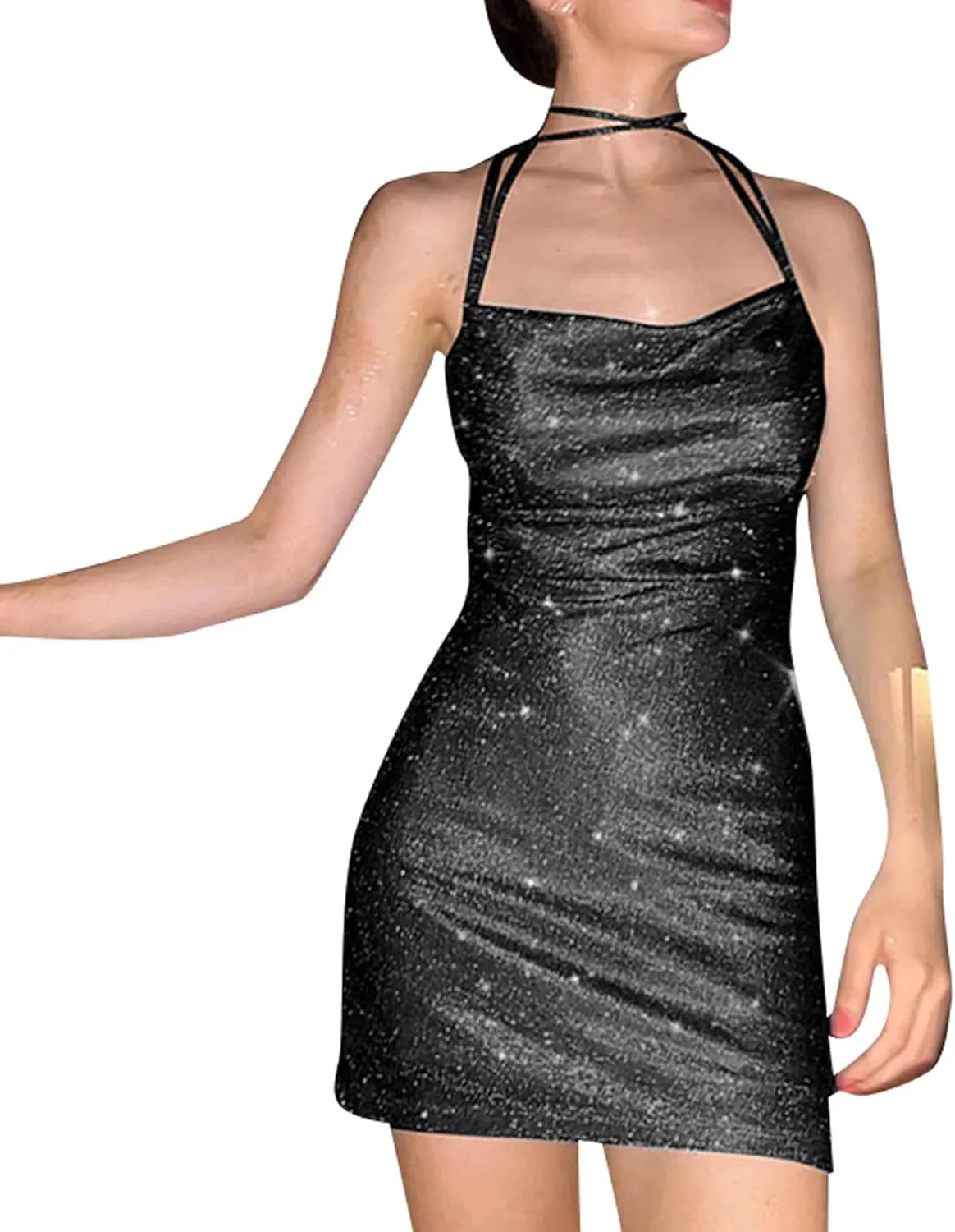 A Line Dresses for Women Party Mini Dress Sexy Glitter Hollow Out Neck Sparkle Spaghetti Strap Short Dress