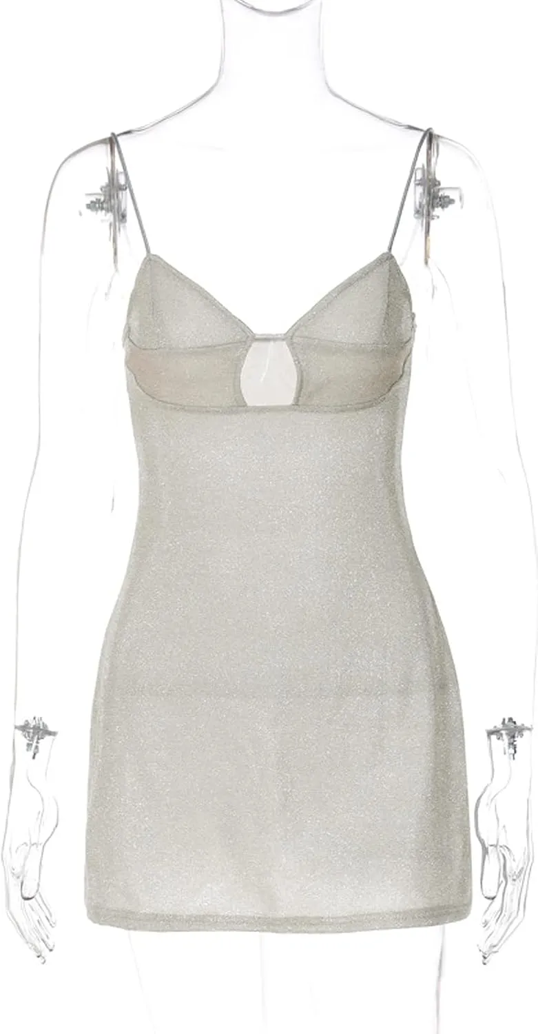 A Line Dresses for Women Party Mini Dress Sexy Glitter Hollow Out Neck Sparkle Spaghetti Strap Short Dress