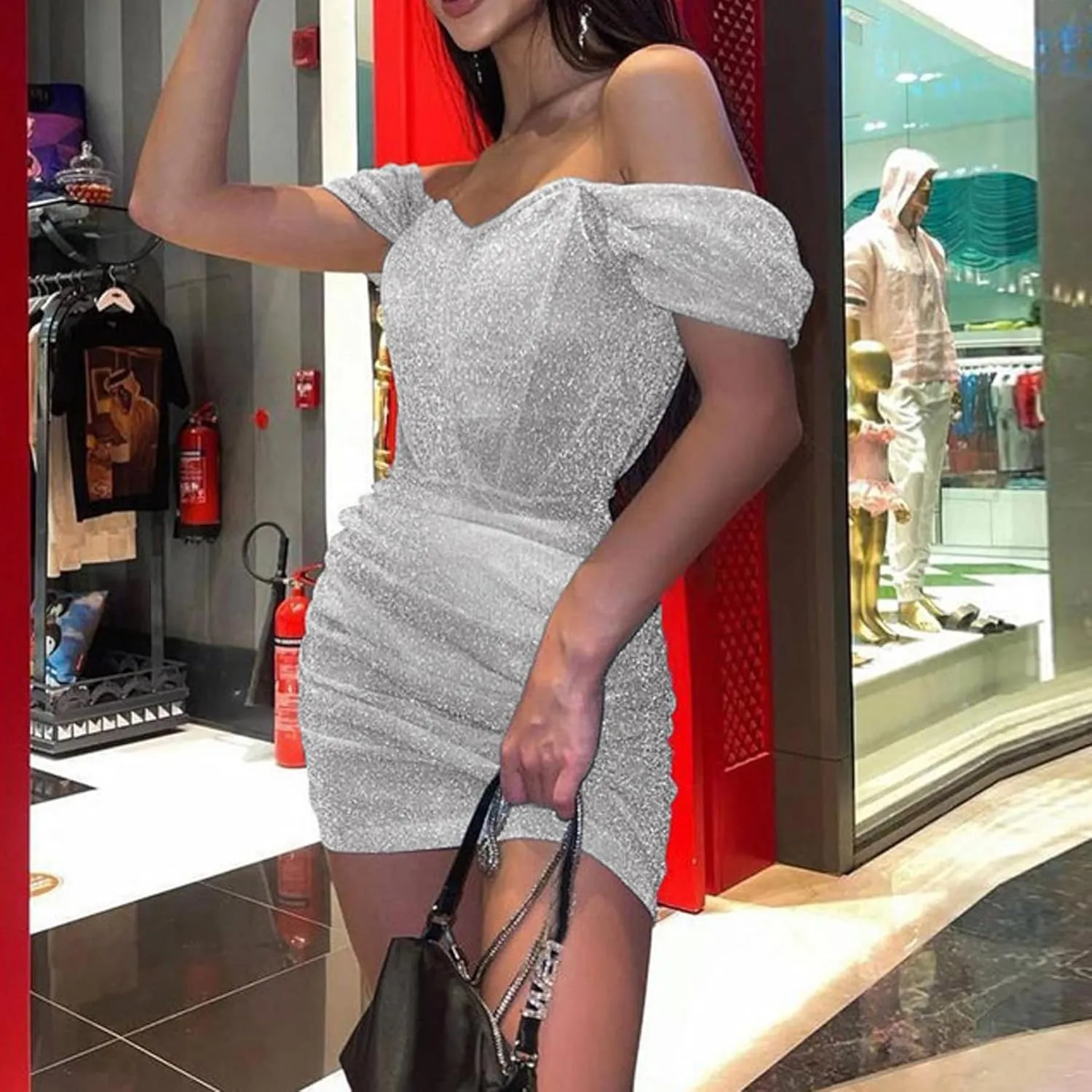 A Line Dresses for Women Party Mini Dress Sexy Glitter Hollow Out Neck Sparkle Spaghetti Strap Short Dress
